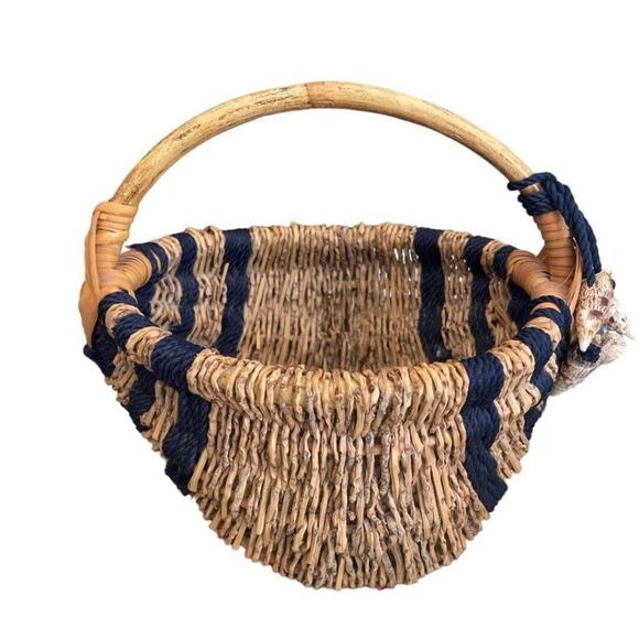 Coco Twigs/ Navy Rope Unique Basket With Shells 10” Diameter - Picture 4 of 7